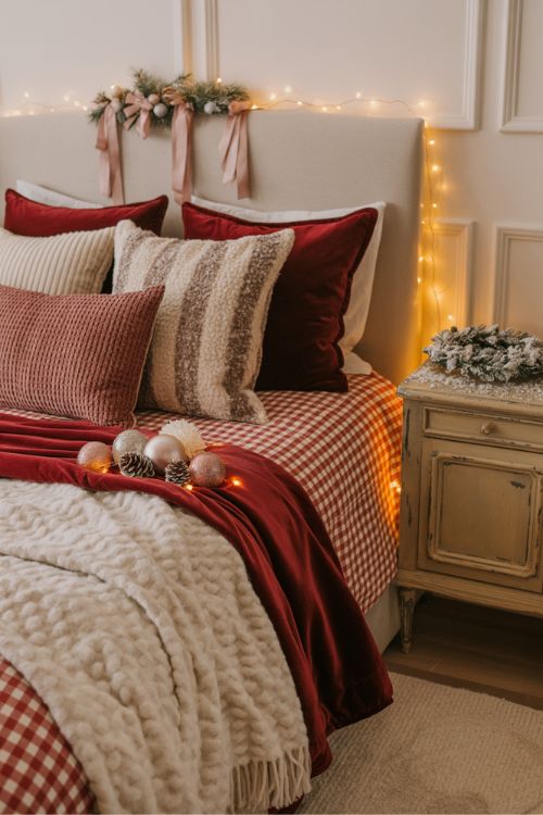 A cozy bedroom decorated for Christmas featuring festive bedding and layered throws. The bed is styled with a red-and-white checkered duvet, plush velvet or quilted throws, and textured pillows in complementary colors. Mini wreaths, pinecone accents, and subtle garlands are incorporated to enhance the holiday vibe. Fairy lights draped along the headboard or nightstand add a soft glow, while metallic ornaments and soft ribbons bring festive charm. The combination of textures, colors, and subtle seasonal accents transforms the bed into a warm, inviting retreat that balances cozy farmhouse charm, luxurious touches, and gentle pastel elegance. Image Title (SEO-Optimized) Christmas Bedroom Decor Ideas – Festive Bedding, Throws & Cozy Textures Alt Tag (SEO-Optimized) Bedroom decorated for Christmas with plaid bedding, velvet throws, layered pillows, mini wreaths, pinecones, and soft fairy lights.