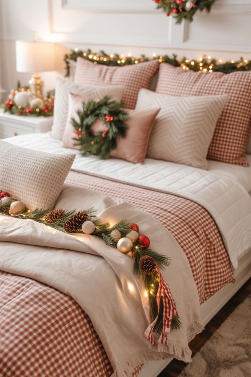 A cozy bedroom decorated for Christmas featuring festive bedding and layered throws. The bed is styled with a red-and-white checkered duvet, plush velvet or quilted throws, and textured pillows in complementary colors. Mini wreaths, pinecone accents, and subtle garlands are incorporated to enhance the holiday vibe. Fairy lights draped along the headboard or nightstand add a soft glow, while metallic ornaments and soft ribbons bring festive charm. The combination of textures, colors, and subtle seasonal accents transforms the bed into a warm, inviting retreat that balances cozy farmhouse charm, luxurious touches, and gentle pastel elegance. Image Title (SEO-Optimized) Christmas Bedroom Decor Ideas – Festive Bedding, Throws & Cozy Textures Alt Tag (SEO-Optimized) Bedroom decorated for Christmas with plaid bedding, velvet throws, layered pillows, mini wreaths, pinecones, and soft fairy lights.