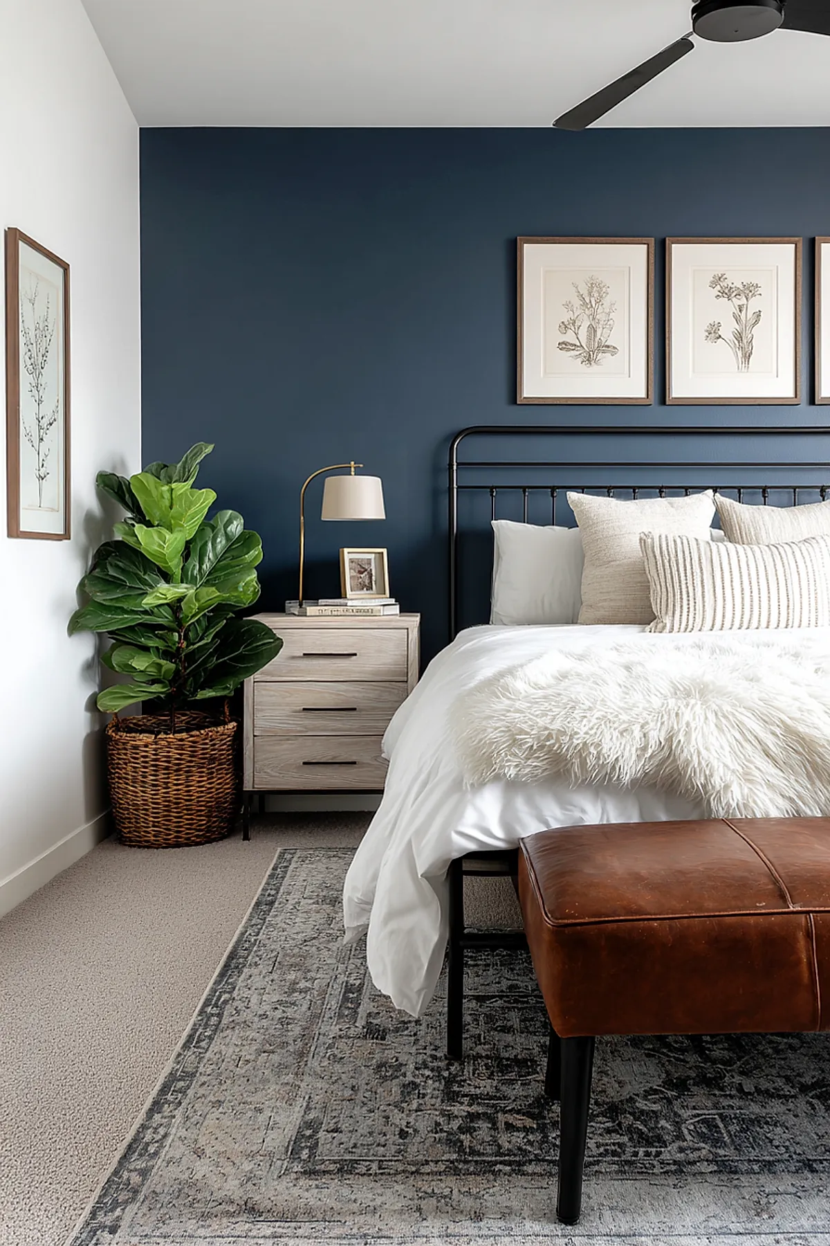 Deep blue accent wall with white bedding, leather bench, and plant in woven basket